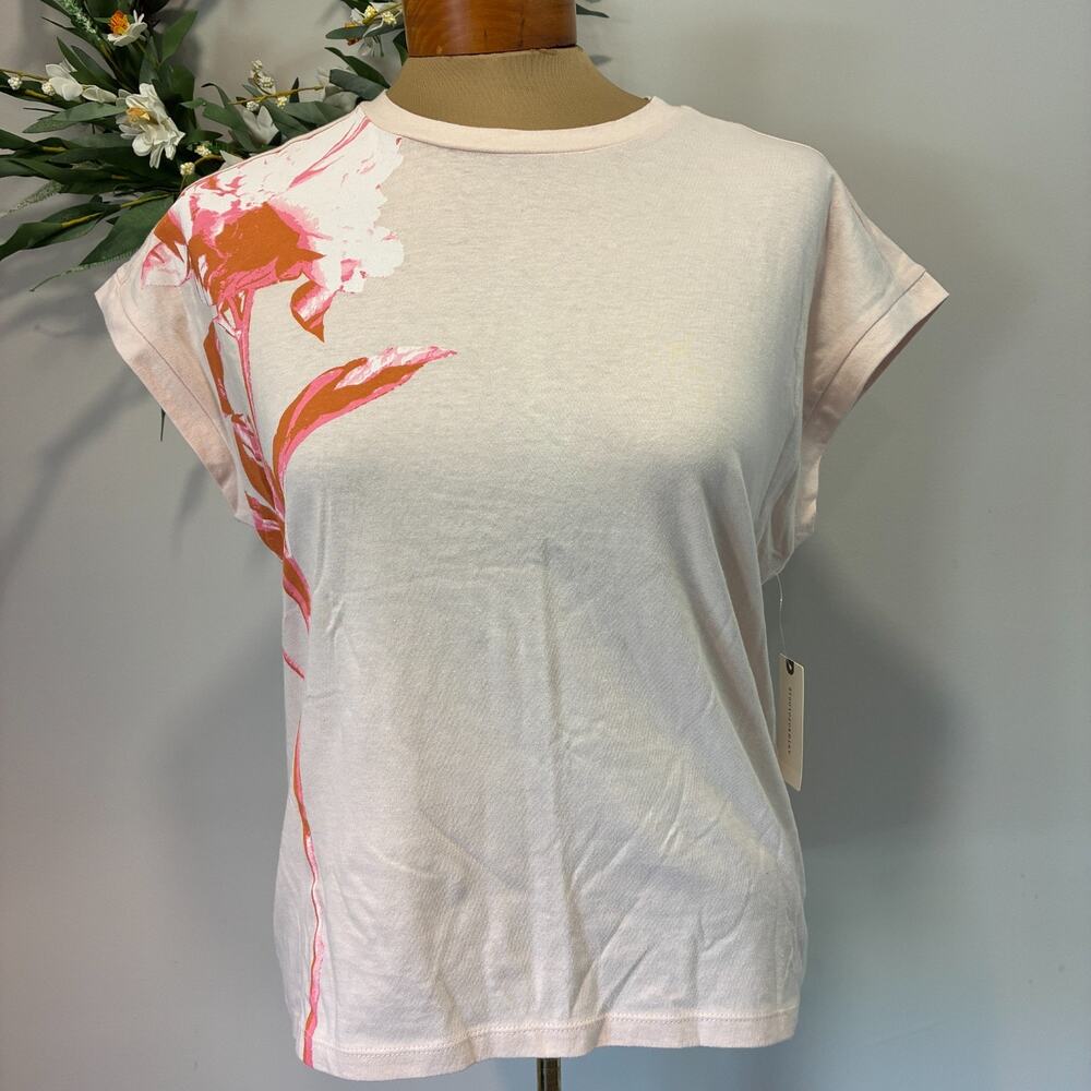 By Anthropologie Floral Muscle Tee Women Size XS Orange Pink Top 100% Cotton NWT